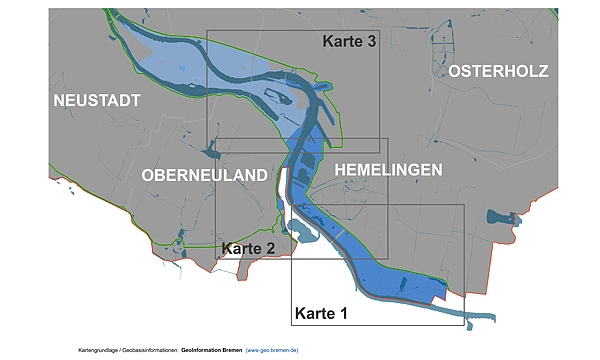 Die Übersichtskarte der Mittelweser und Umgrenzungen der Teilpläne. 