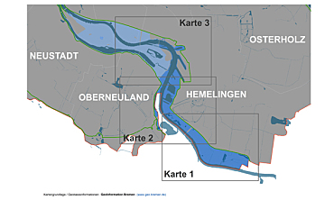 Die Übersichtskarte der Mittelweser und Umgrenzungen der Teilpläne. 