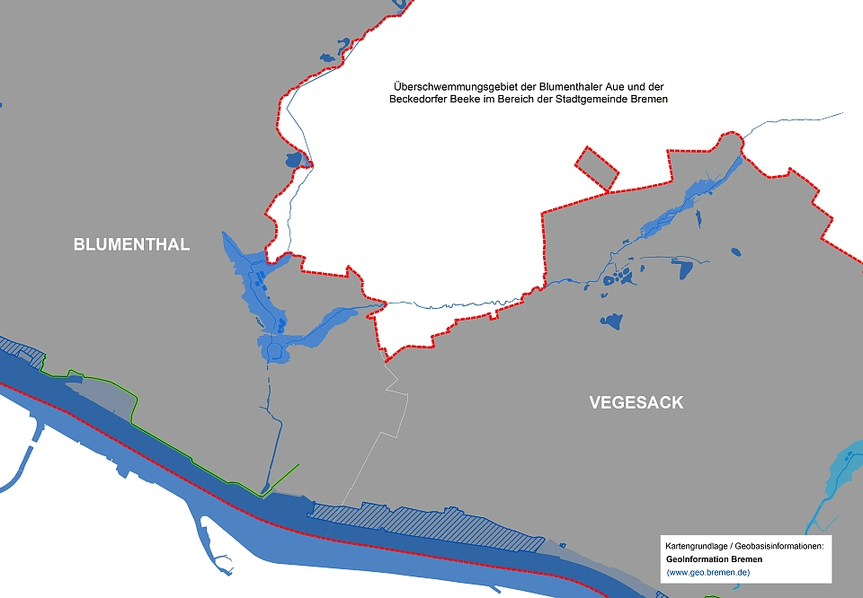 Die Übersichtskarte zeigt das Überschwemmungsgebiet der Blumenthaler Aue und Beckedorfer Beeke.