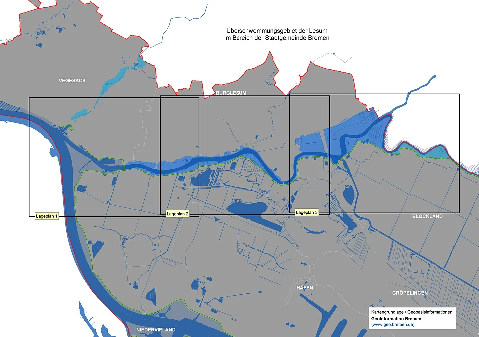 Die Übersichtskarte der Lesum zeigt die Umgrenzung der 3 Teilpläne.