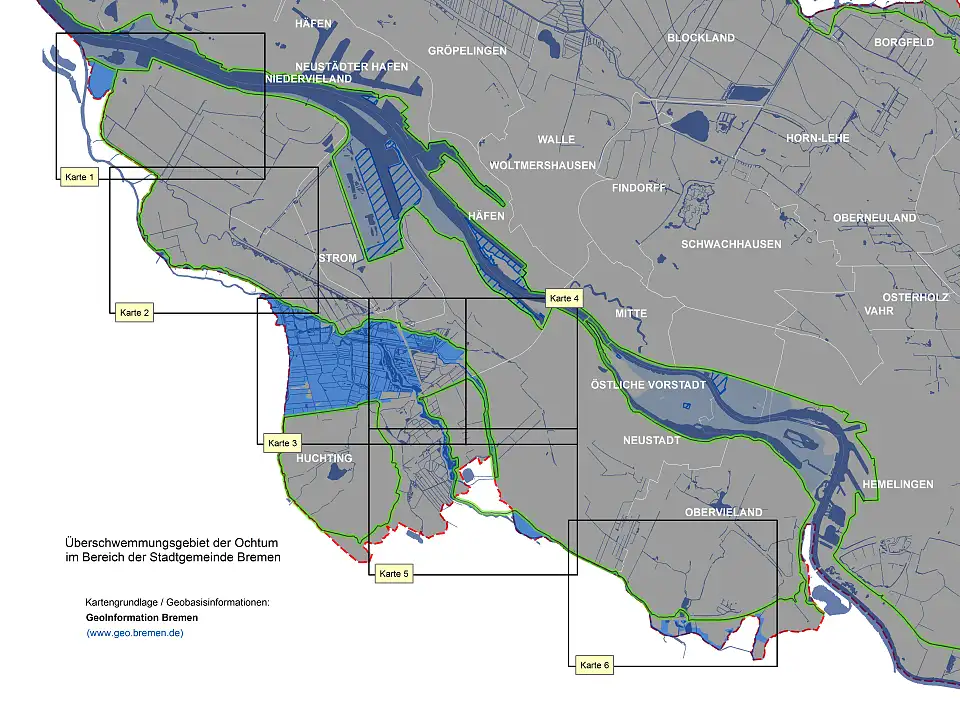 Die Übersichtskarte der Ochtum zeigt die Umgrenzung der 6 Teilpläne.