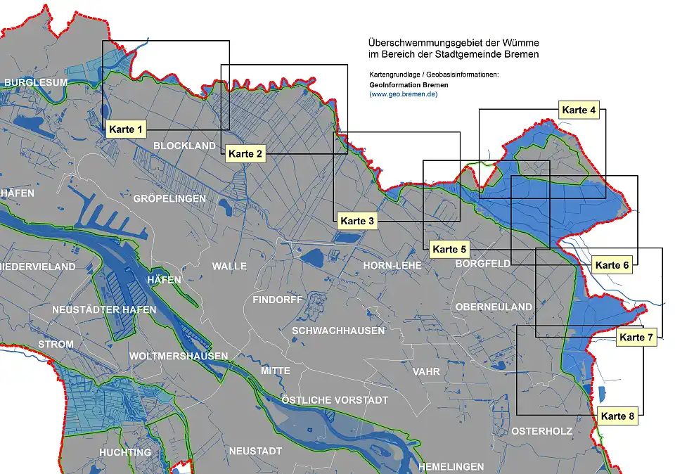 Die Übersichtskarte der Wümme zeigt die Umgrenzungen der 8 Teilpläne.
