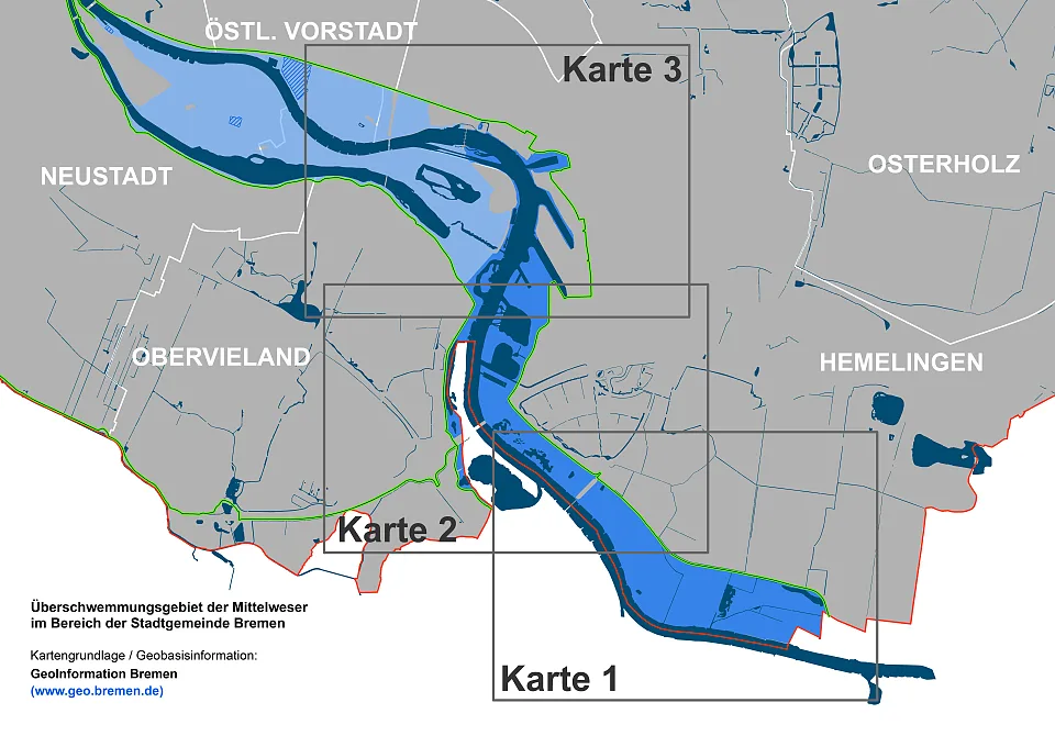 Die Übersichtskarte der Mittelweser zeigt die Umgrenzungen der 3 Teilpläne. 