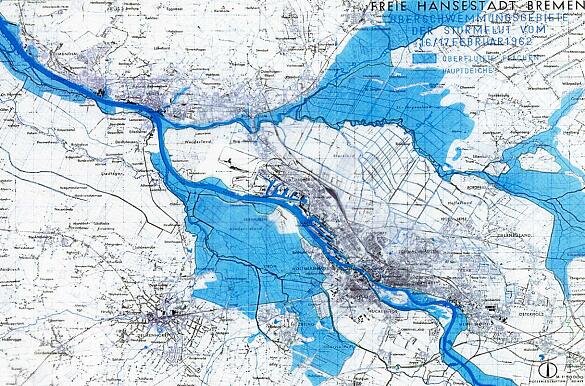 Lageplan mit überschwemmten Gebiete bei der Sturmflut 1962