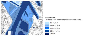 Gefahrenkarte mit Darstellungen von Wassertiefen.