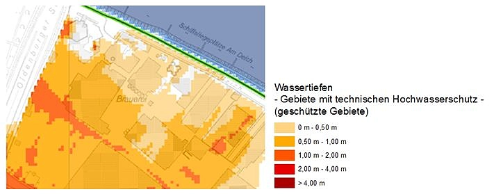 Gefahrenkarte mit Darstellungen von Wassertiefen in geschützten Gebieten. 
