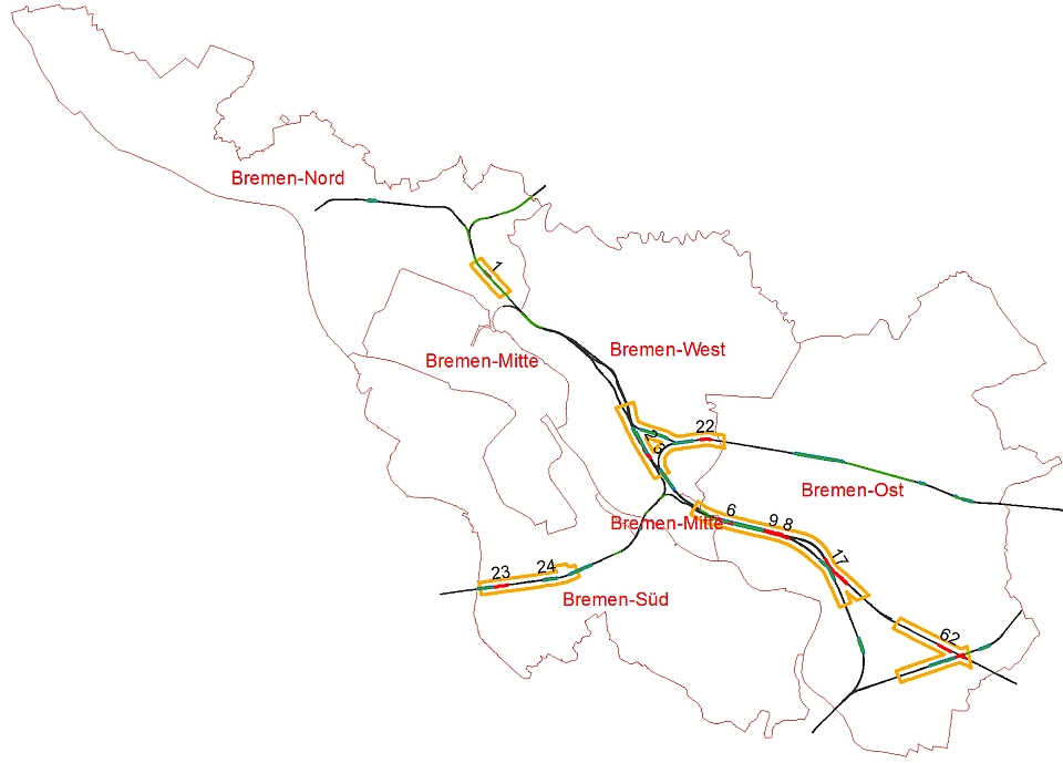 Stadtgebiet Bremen: Übersichtskarte aus der Potentialanalyse zum Schutz vor Bahnlärm 