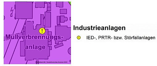 Beispielhafter Ausschnitt mit Darstellung von betroffenen Industrieanlagen.