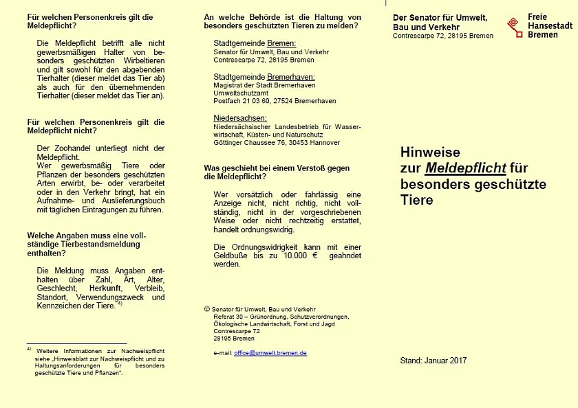 Bild des Hinweisblattes für die Meldepflicht