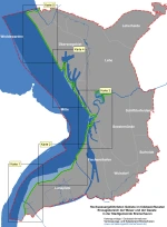 Die Übersichtskarte zeigt die hochwassergefährdeten Gebiete im tidebeeinflussten Einzugsgebiet der Weser und der Geeste in der Stadtgemeinde Bremerhaven.