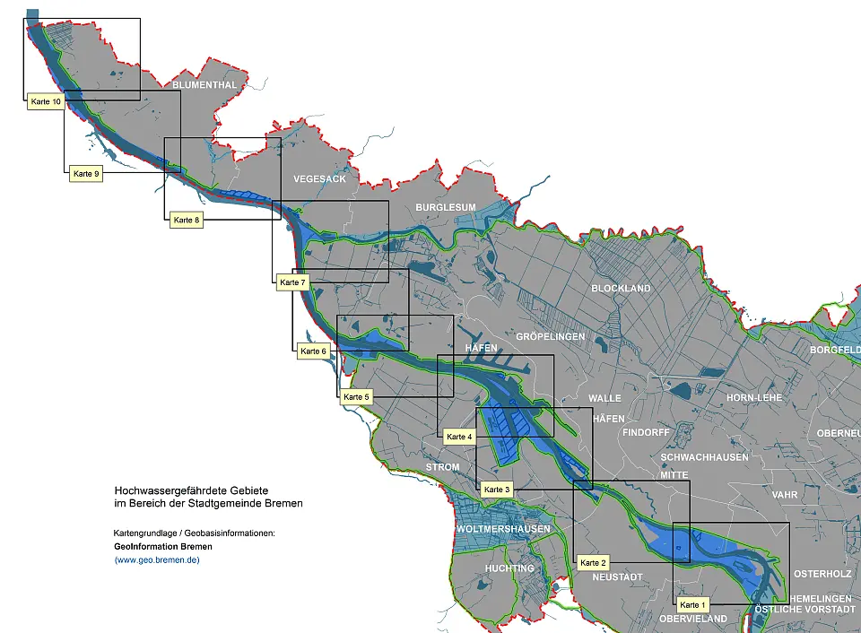 Die Übersichtskarte der hochwassergefährdeten Gebiete zeigt die Umgrenzung der 10 Teilpläne.