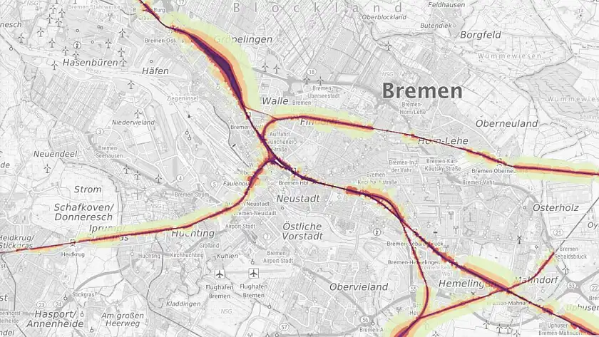 Kartenauszug von Bremen, der Lärmisophone anzeigt. 