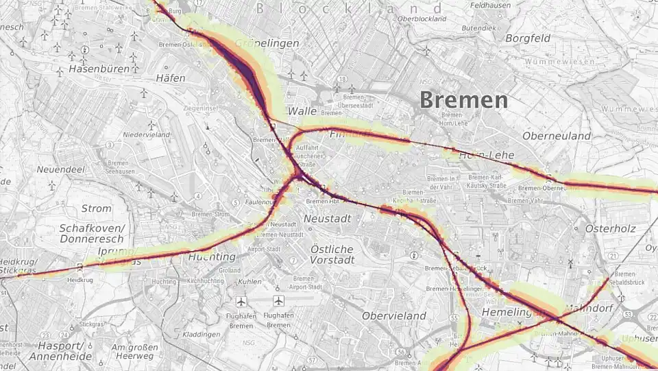 Kartenauszug von Bremen, der Lärmisophone anzeigt. 