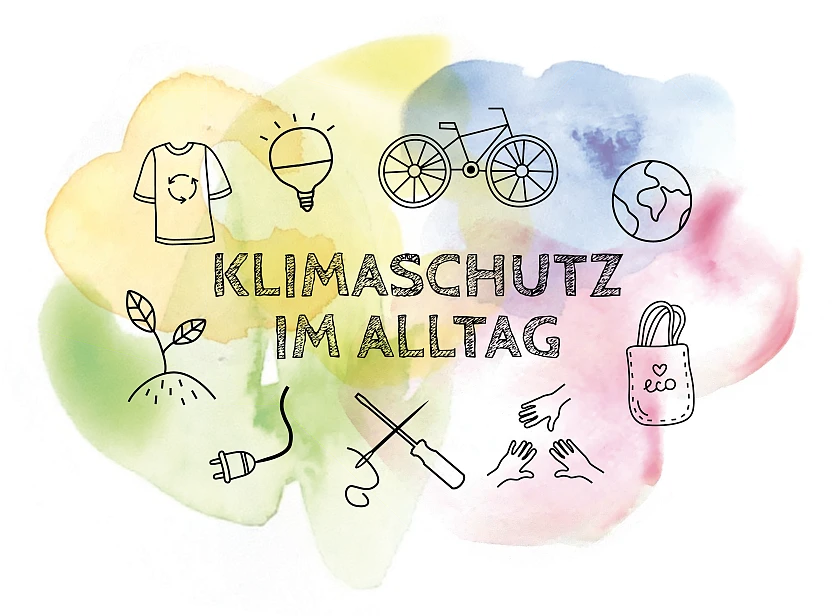 Logo Klimaschutz im Alltag, eine bunte Wolke mit kleinen Abbildungen mit Bezug zu Klimaschutz wie ein Fahrrad oder eine Jutetasche. In der Mitte der Schriftzug Klimaschutz im Alltag.