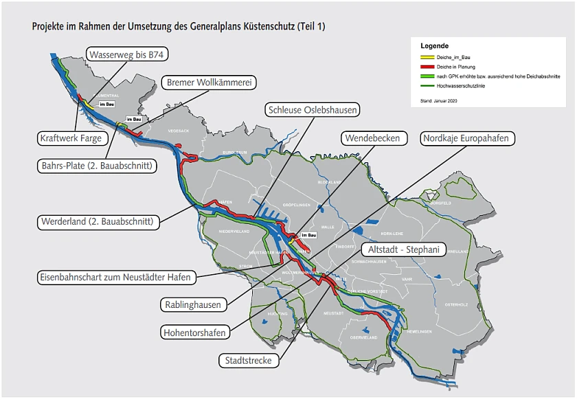 Übersicht über Maßnahmen des Generalplans Küstenschutz in Bremen