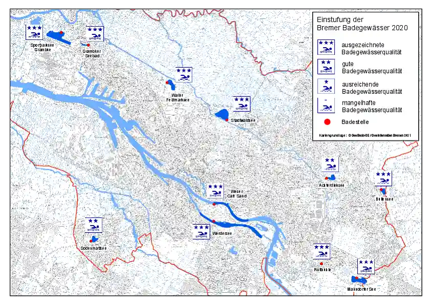 Karte der Bremer Badegewässer und deren Einstufungen aus 2020