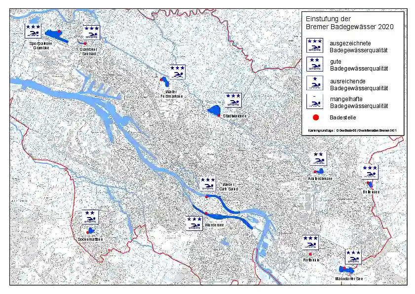 Karte der Bremer Badegewässer und deren Einstufungen aus 2020