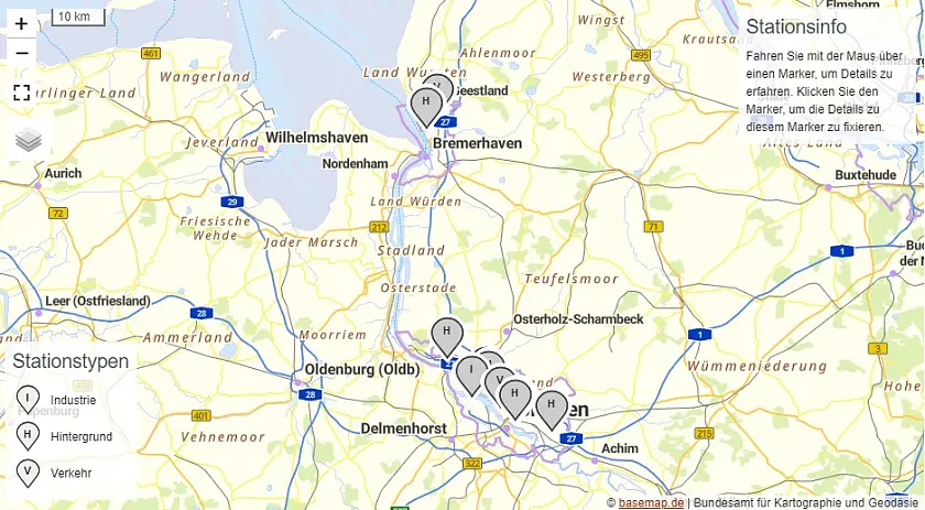 Die Karte zeigt die Lage der einzelnen Luftmessstationen in Bremen