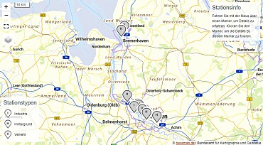 Die Karte zeigt die Lage der einzelnen Luftmessstationen in Bremen