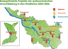 Die Karte zeigt alle 16 basisgeförderten Projekte der außerschulischen Umweltbildung im Land Bremen in den Jahren 2024 bis 2026. Diese sind in die drei Bereiche Allgemein, Klimaschutz, und Gewässerschutz aufgeteilt. Weitere Informationen gibt es auf der Webseite von Umwelt Bildung Bremen.