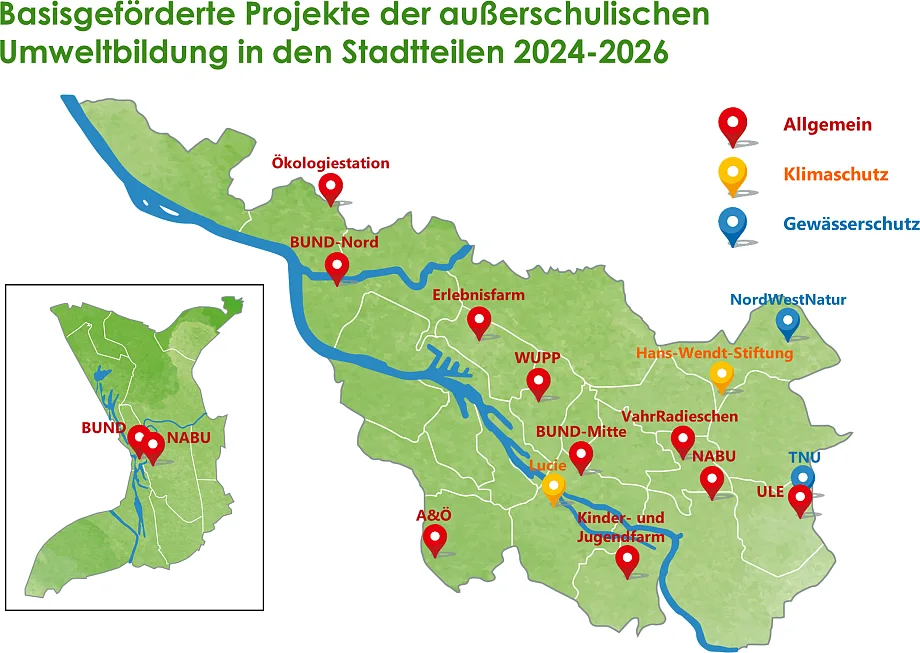 Die Karte zeigt alle 16 basisgeförderten Projekte der außerschulischen Umweltbildung im Land Bremen in den Jahren 2024 bis 2026. Diese sind in die drei Bereiche Allgemein, Klimaschutz, und Gewässerschutz aufgeteilt. Weitere Informationen gibt es auf der Webseite von Umwelt Bildung Bremen.