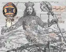 Leviathan - Umzeichung des Orginalstiches von Hobbes (1651). Die eingefügten Motive verweisen auf übergreifende Entwicklungen bei den vier normativen Gütern, die der SFB Staatlichkeit im Wandel untersucht.