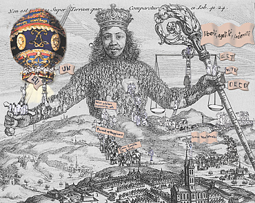 Leviathan - Umzeichung des Orginalstiches von Hobbes (1651). Die eingefügten Motive verweisen auf übergreifende Entwicklungen bei den vier normativen Gütern, die der SFB Staatlichkeit im Wandel untersucht.