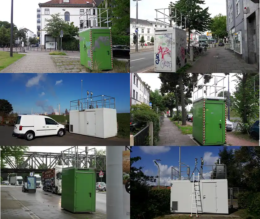 Das Bild zeigt eine Collage von mehreren Luftmessstationen in Bremen