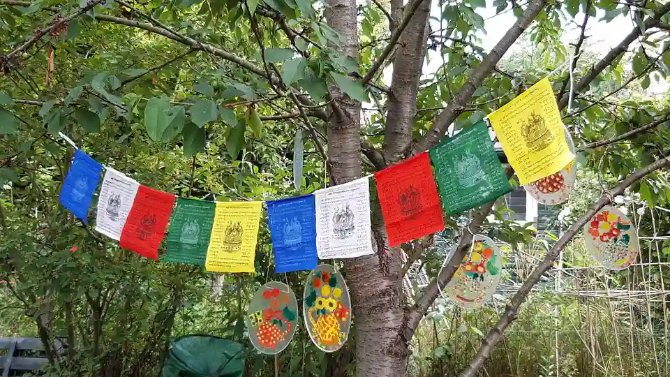 &copy; Martin K&ouml;hler - Garten von Doris De Cruz: Kirschbaum und Tibetfahne