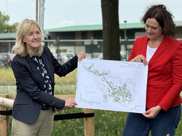 Senatorin Kathrin Moosdorf (rechts) und UBB-Geschäftsführerin Viola Hellweg freuen sich über die Fortsetzung des Baumförderprogramms: Mit weiteren 700 neuen Bäumen wird Bremen noch grüner. 