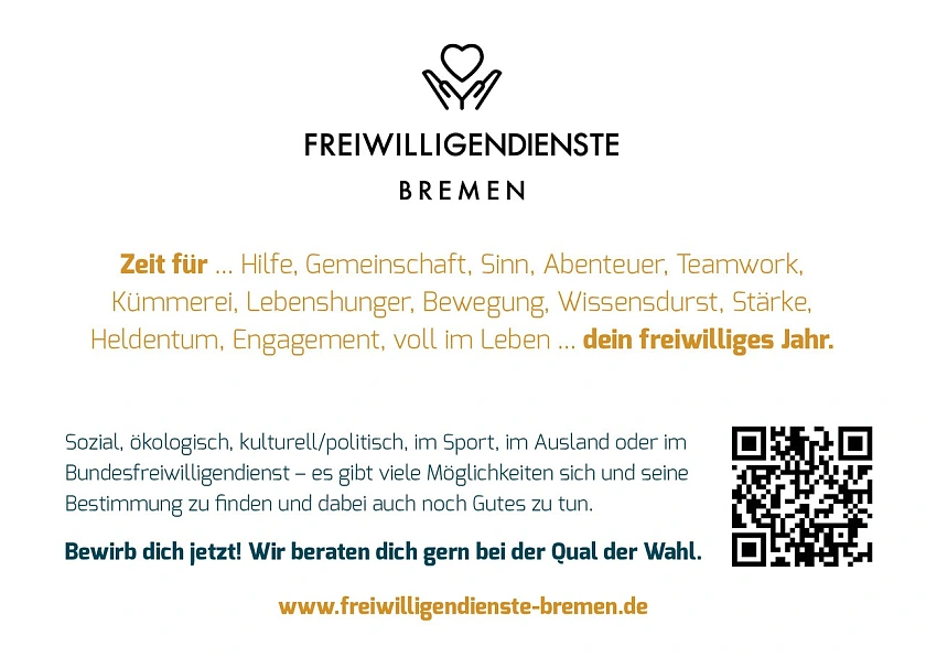 Rückseite der Postkarte mit QR-Code zur Webseite https://freiwilligendienste-bremen.de