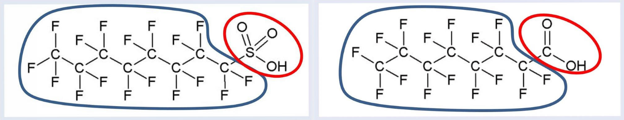 2 Abbildungen. Links: Strukturformel von PFOS. Blau markiert ist die wasser- und fettabweisende perfluorierte Kohlenstoffkette, rot markiert die negativ geladene, polare Sulfonatgruppe. Rechts: Strukturformel von PFOA. Blau markiert ist die wasser- und fettabweisende perfluorierte Kohlenstoffkette, rot markiert die polare Carbonsäuregruppe., jpg, 18.6 KB