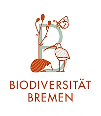 Ein großes B, umgeben von Arten, die im Land Bremen vorkommen: Brachvogel, Bläuling, Großer Wiesenknopf, Igel.