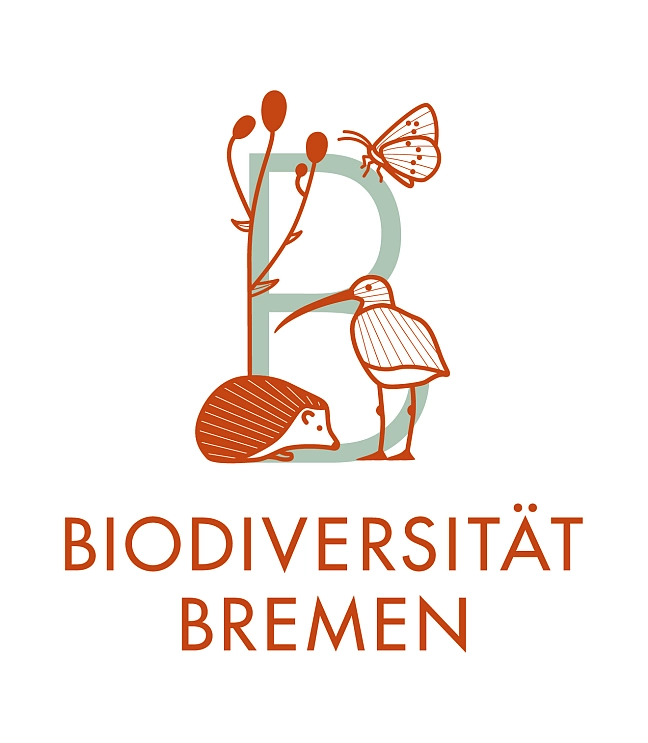 Ein großes B, umgeben von Arten, die im Land Bremen vorkommen: Brachvogel, Bläuling, Großer Wiesenknopf, Igel.