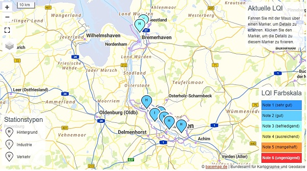 Auf dem Bild ist eine Karte dargestellt die die Luftqualitätsindexe in Bremen an den einzelnen Messstationen darstellt