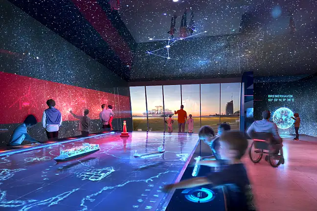 Ein computergeneriertes Bild zeigt einen interaktiven Ausstellungsraum. Besucher betätigen Schaltflächen die mit Hologrammen Aspekte verdeutlichen.