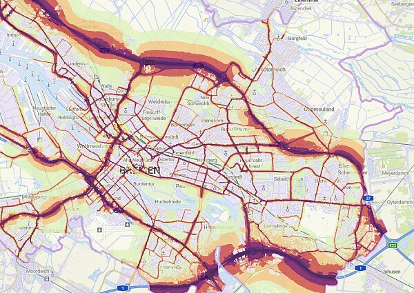 Ausschnitt der Straßenlärmkarte Bremen