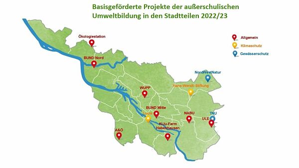 Die Karte zeigt alle 12 basisgeförderten Projekte der außerschulischen Umweltbildung in den Stadtteilen Bremens in den Jahren 20222 und 2023. Diese sind in die drei Bereiche 